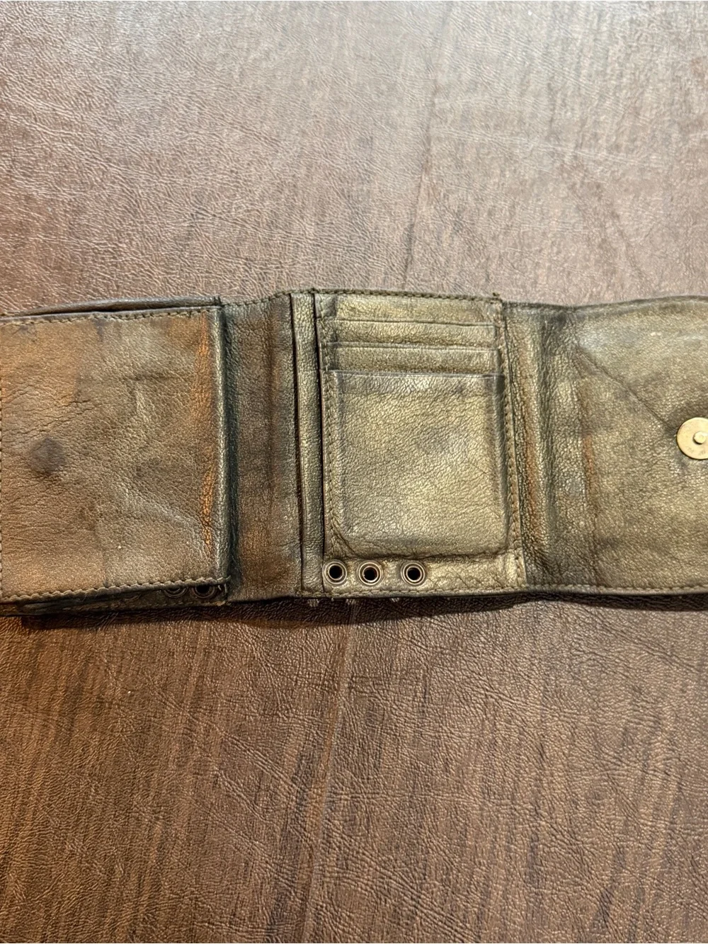 Vintage Betsey Johnson Studded Leather Trifold Wallet Olive Green